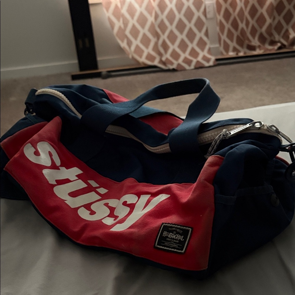 Stussy Navy and Red Duffel Bag